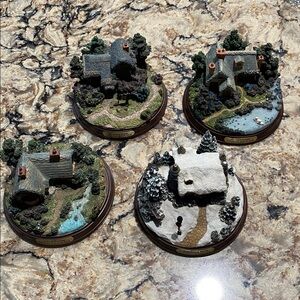 4 Vintage Thomas Kinkade Lighted cottages stone hearth Heather’s quite Everett’s